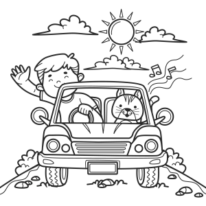 Crianças passeando de carro em dia de sol para colorir