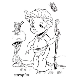 Curupira entre borboletas para colorir