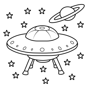 Disco voador com planeta e estrelas ao redor para colorir