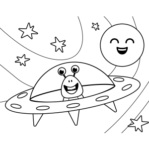 Disco voador sorridente voando pelo espaço para colorir