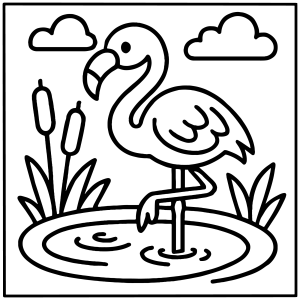 Dois flamingos no lago com nuvens para colorir