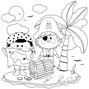 Dois piratinhas na ilha com baú de tesouro para colorir