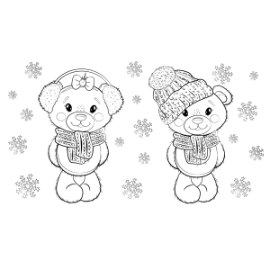 Dois ursinhos polares de touca na neve para colorir