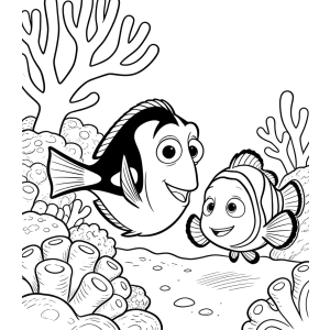 Dory e Marlin entre os corais para colorir