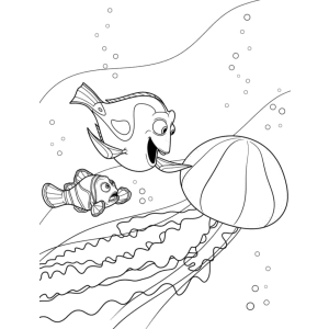 Dory e Nemo nadando entre as águas-vivas para colorir