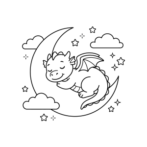 Dragãozinho dormindo na lua crescente para colorir