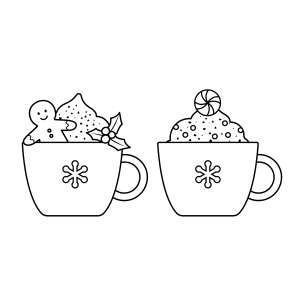 Duas canecas de chocolate quente com flocos de neve para colorir