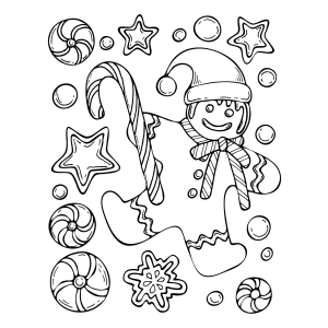 Duende abraçando um boneco de gengibre entre doces de Natal para colorir