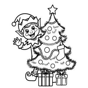 Duende acenando ao lado da árvore de Natal para colorir