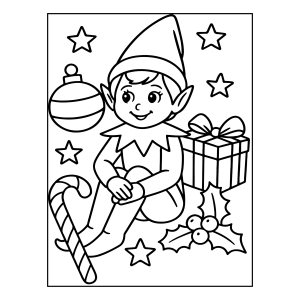 Duende com bola de Natal e bengala doce para colorir