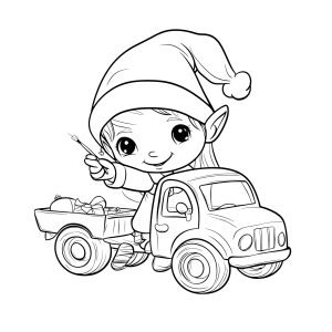 Duende dirigindo um carrinho de brinquedo para colorir