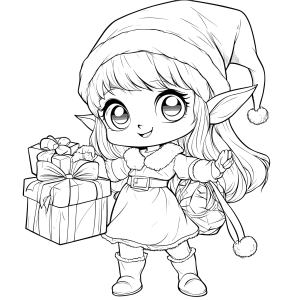 Duende menina com pilha de presentes para colorir
