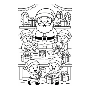 Duendes trabalhando na oficina do Papai Noel para colorir