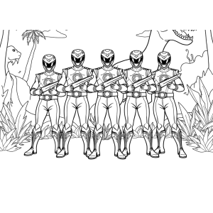 Equipe dos Power Rangers na selva com o dinossauro para colorir