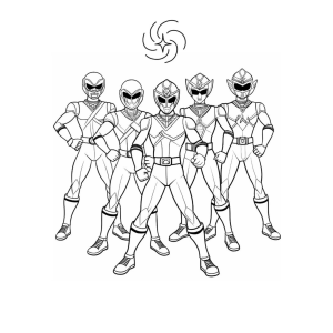 Equipe Power Rangers em pose de poder para colorir