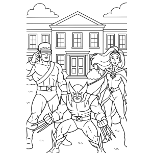 Equipe X-Men reunida em frente à mansão para colorir