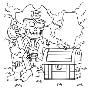 Esqueleto pirata guardando o baú de tesouro para colorir