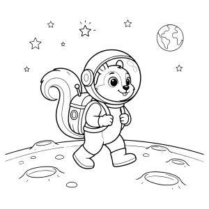 Esquilo astronauta caminhando na lua para colorir