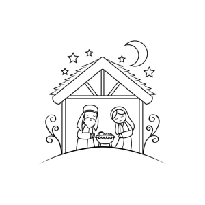 Estábulo simples com Maria, José e o Menino Jesus para colorir