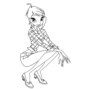 Fada Winx agachada com roupa xadrez para colorir