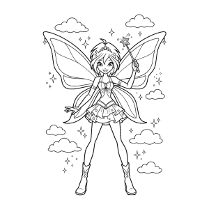 Fada Winx com asas brilhantes e varinha para colorir