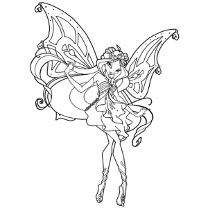 Fada Winx com asas de borboleta em pose de dança para colorir