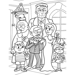 Família Addams em frente à janela para colorir