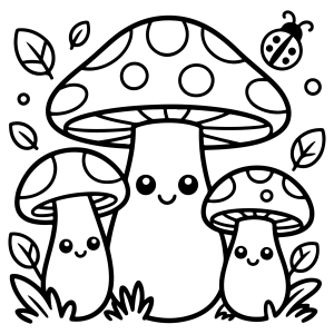 Família de cogumelos kawaii com joaninha para colorir