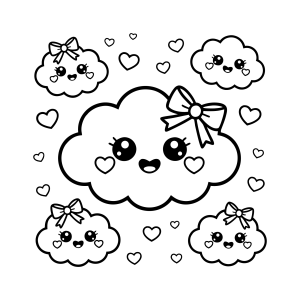 Família de nuvens kawaii com laço para colorir