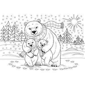 Família de ursos polares na neve do Ártico para colorir