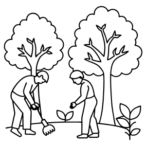 Família plantando árvores no parque para colorir