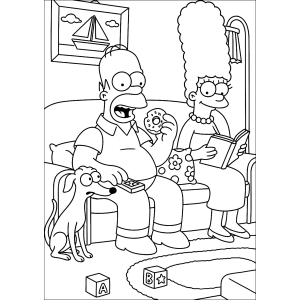 Família Simpson relaxando no sofá com a Maggie para colorir