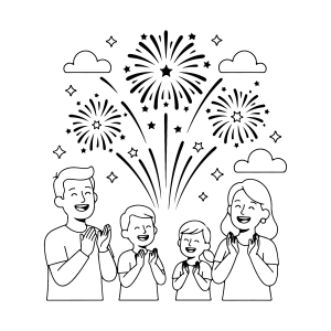 Família surpresa com os fogos no céu para colorir
