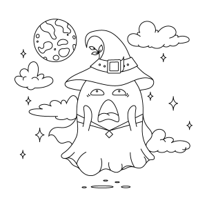 Fantasma bruxa entre as nuvens para colorir