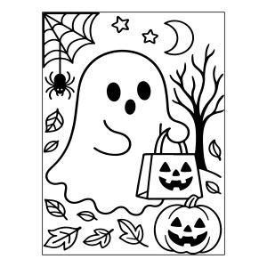 Fantasma com saco de doces e abóboras para colorir