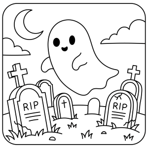 Fantasma voando sobre o cemitério à noite para colorir
