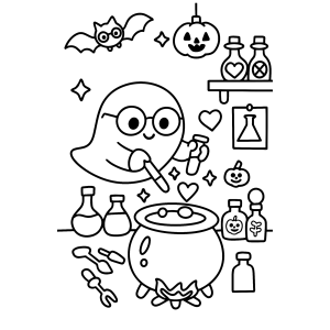 Fantasminha preparando poções para colorir