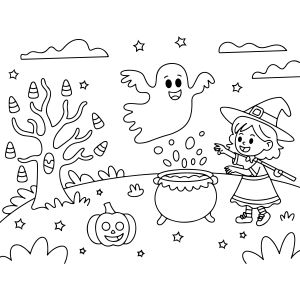 Feitiçaria de Halloween com a Pequena Bruxa e o Fantasma