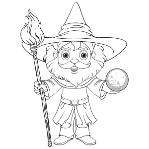 Feiticeira com bola de cristal e cajado para colorir