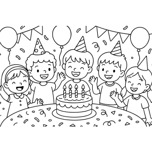Festa de aniversário das crianças com bolo para colorir