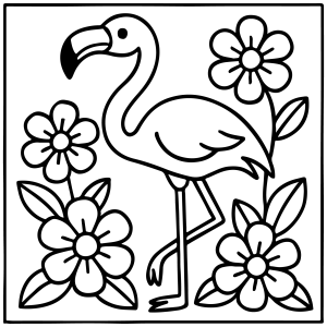 Flamingo cercado de flores grandes para colorir