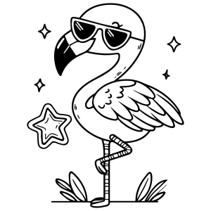 Flamingo de óculos escuros e estrela do mar para colorir
