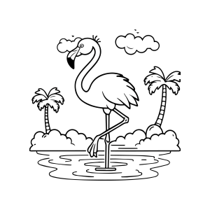 Flamingo na ilha com coqueiros para colorir
