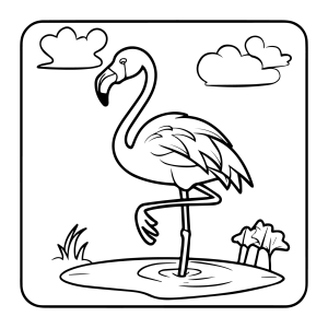 Flamingo na lagoa com sol e nuvens para colorir