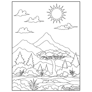 Floresta de pinheiros com montanhas ao fundo para colorir