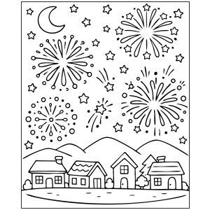 Fogos de artifício sobre a cidade à noite para colorir