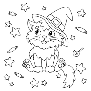 Gatinho bruxo entre estrelas e doces para colorir