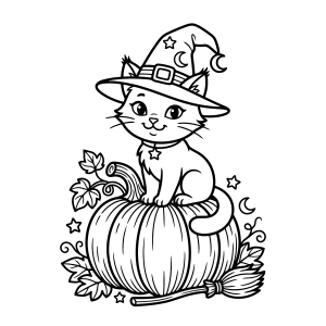 Gatinho bruxo sentado na abóbora grande para colorir