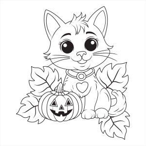 Gatinho com abóbora e folhas de outono para colorir