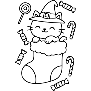 Gatinho de bruxa dentro da meia com doces para colorir